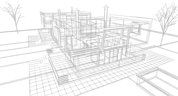 房屋建筑草图3D插图 — 图库照片