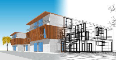 Kasaba mimarisi çizimi 3D illüstrasyon