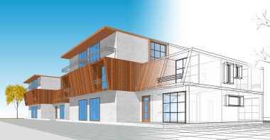 Kasaba mimarisi çizimi 3D illüstrasyon