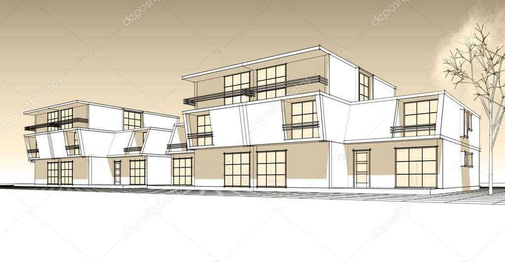townhouse architectural sketch 3d illustration