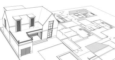 Modern ev çizimi 3d illüstrasyon