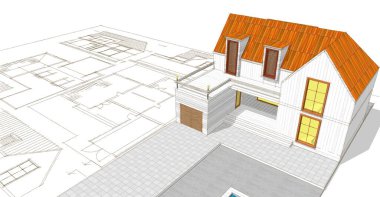 Modern ev çizimi 3d illüstrasyon