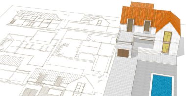 Modern ev çizimi 3d illüstrasyon