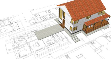 Geleneksel modern ev çizimi 3d illüstrasyon