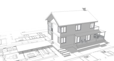 Geleneksel modern ev çizimi 3d illüstrasyon