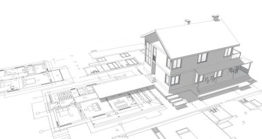 Geleneksel modern ev çizimi 3d illüstrasyon