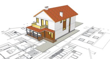 Geleneksel modern ev çizimi 3d illüstrasyon