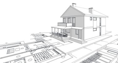 Geleneksel modern ev çizimi 3d illüstrasyon