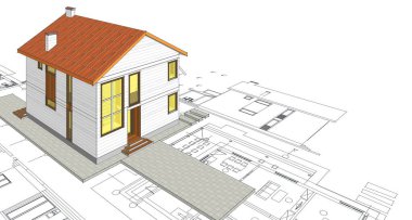 Geleneksel modern ev çizimi 3d illüstrasyon