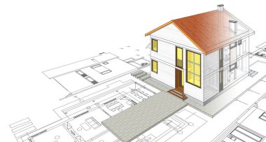 Geleneksel modern ev çizimi 3d illüstrasyon