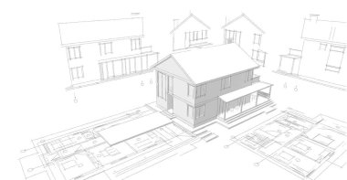 Geleneksel modern ev çizimi 3d illüstrasyon