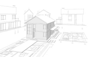 Geleneksel modern ev çizimi 3d illüstrasyon