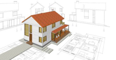 Geleneksel modern ev çizimi 3d illüstrasyon