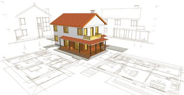Geleneksel modern ev çizimi 3d illüstrasyon