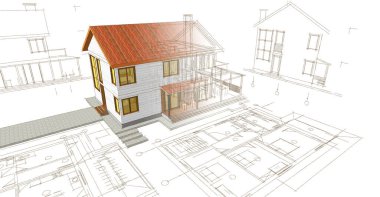 Geleneksel modern ev çizimi 3d illüstrasyon