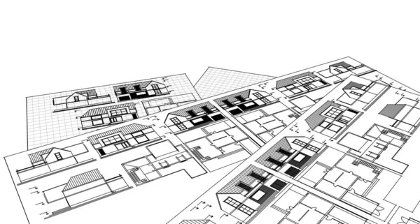 房屋建筑草图3D图解 — 图库照片