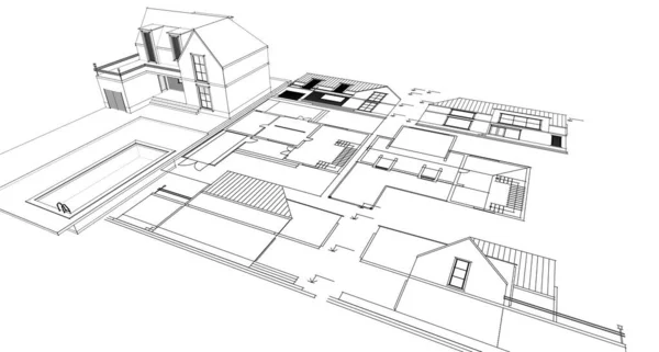 现代房屋草图3D插图 — 图库照片