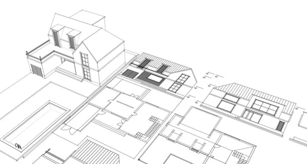 现代房屋草图3D插图 — 图库照片