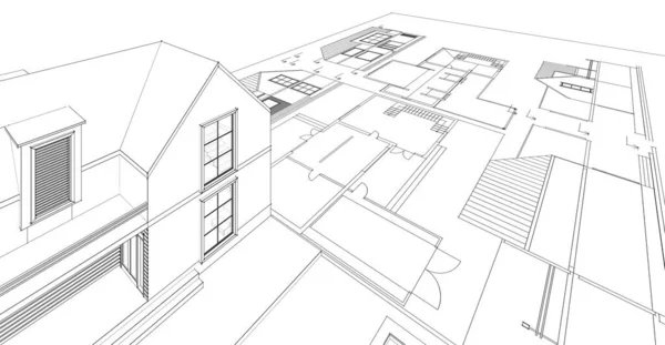 现代房屋草图3D插图 — 图库照片