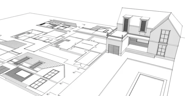 现代房屋草图3D插图 — 图库照片