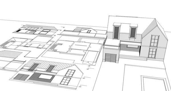 现代房屋草图3D插图 — 图库照片