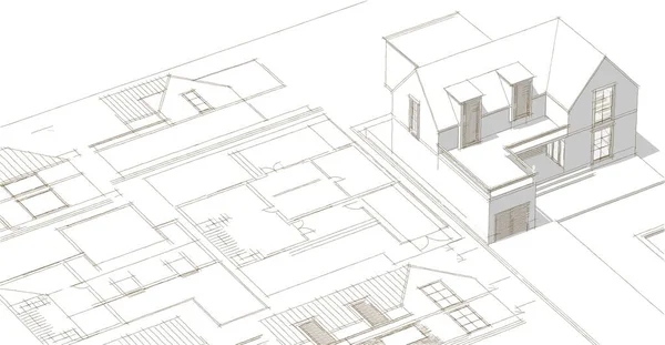 现代房屋草图3D插图 — 图库照片