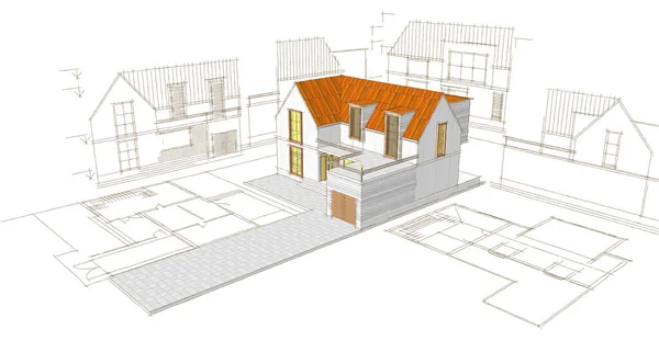 现代房屋草图3D插图 — 图库照片