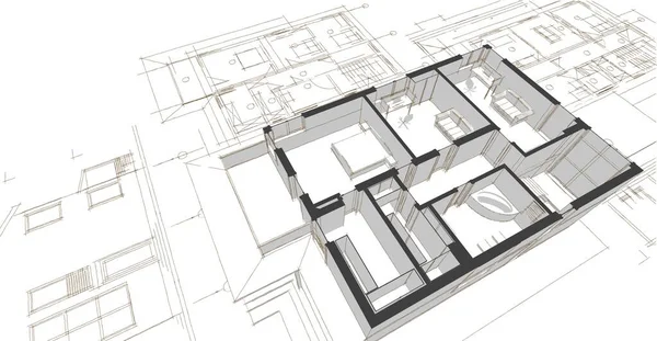 传统现代房屋草图3D插图 — 图库照片