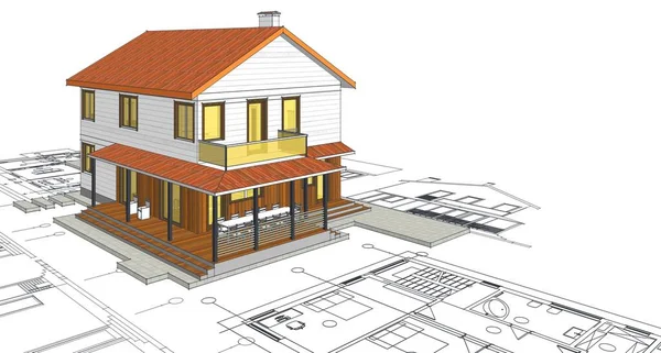 传统现代房屋草图3D插图 — 图库照片