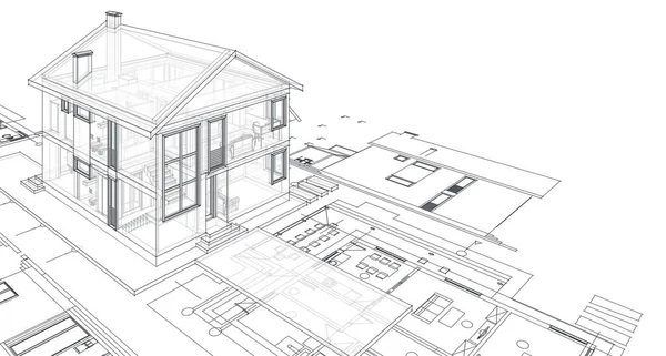 传统现代房屋草图3D插图 — 图库照片