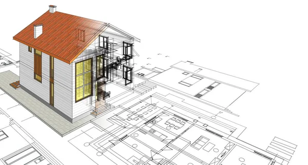 传统现代房屋草图3D插图 — 图库照片