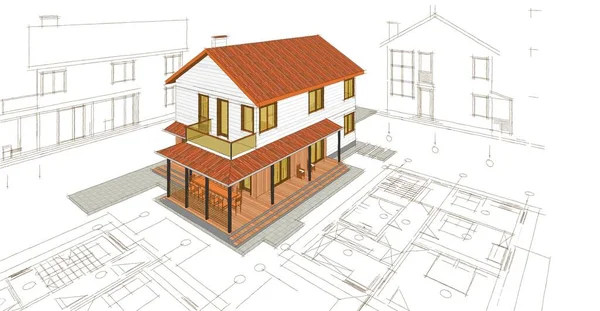 传统现代房屋草图3D插图 — 图库照片