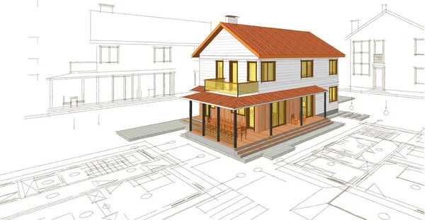 Geleneksel modern ev çizimi 3d illüstrasyon