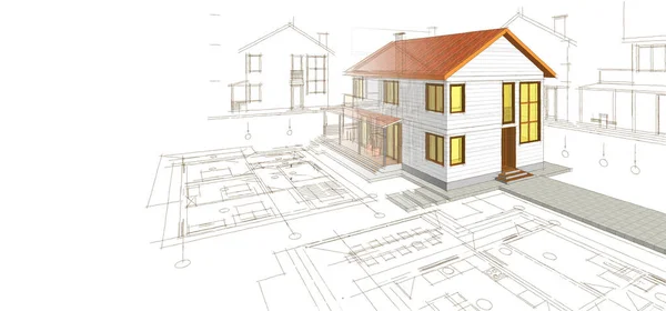 传统现代房屋草图3D插图 — 图库照片