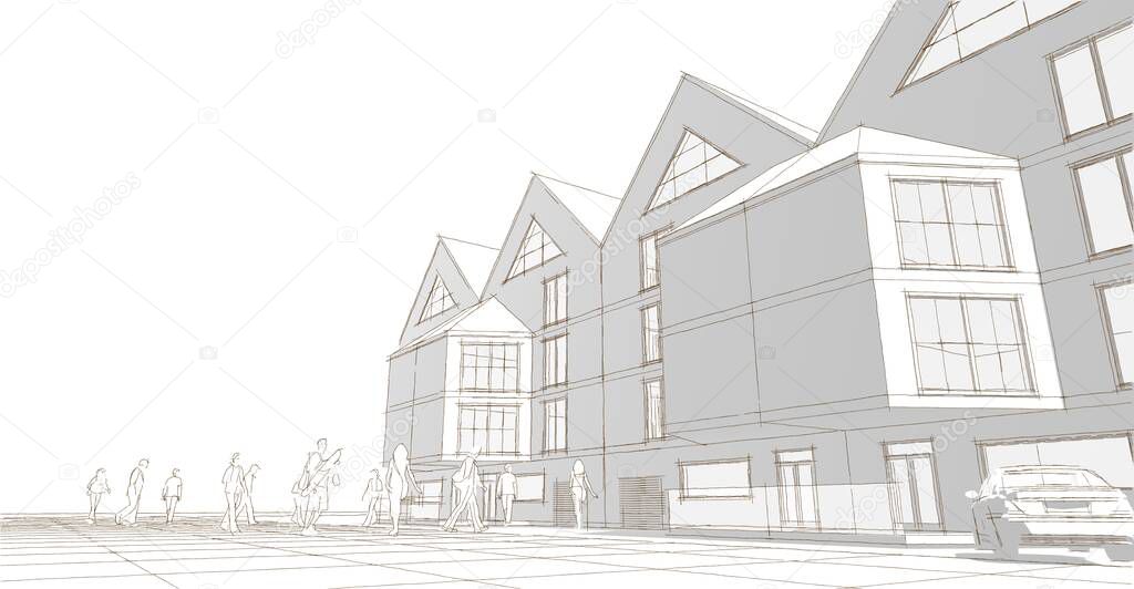 townhouse sketch architectural concept 3d illustration
