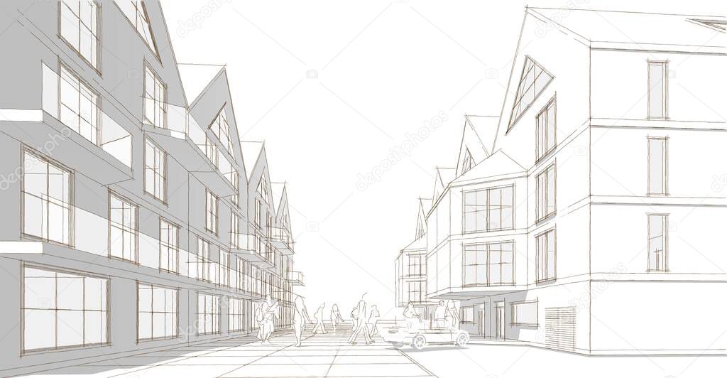 townhouse sketch architectural concept 3d illustration