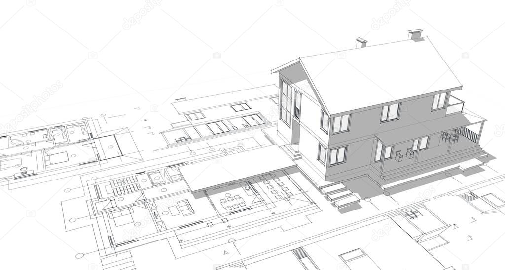 traditional modern house sketch 3d illustration