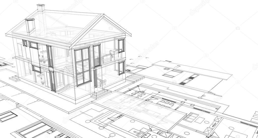 traditional modern house sketch 3d illustration