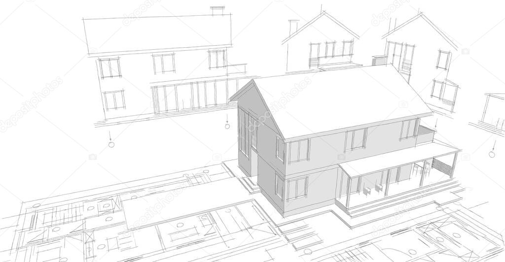 traditional modern house sketch 3d illustration