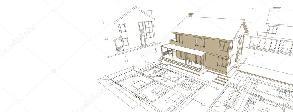 traditional modern house sketch 3d illustration