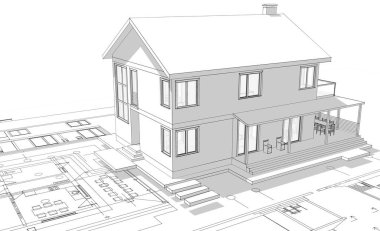 Geleneksel modern ev çizimi 3d illüstrasyon