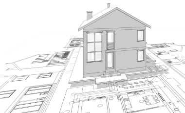 Geleneksel modern ev çizimi 3d illüstrasyon