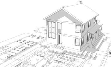Geleneksel modern ev çizimi 3d illüstrasyon