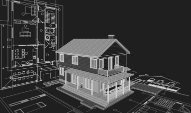 Geleneksel modern ev çizimi 3d illüstrasyon