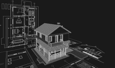 Geleneksel modern ev çizimi 3d illüstrasyon