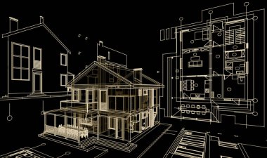 Geleneksel modern ev çizimi 3d illüstrasyon