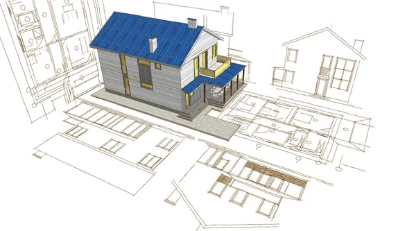 传统现代房屋草图3D插图 — 图库照片
