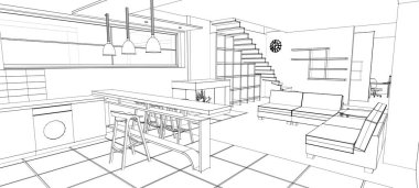 İç mutfak oturma odası 3D görüntü