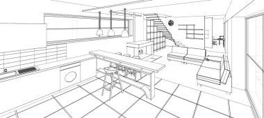 İç mutfak oturma odası 3D görüntü