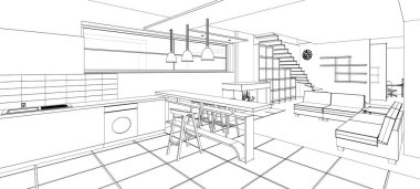 İç mutfak oturma odası 3D görüntü